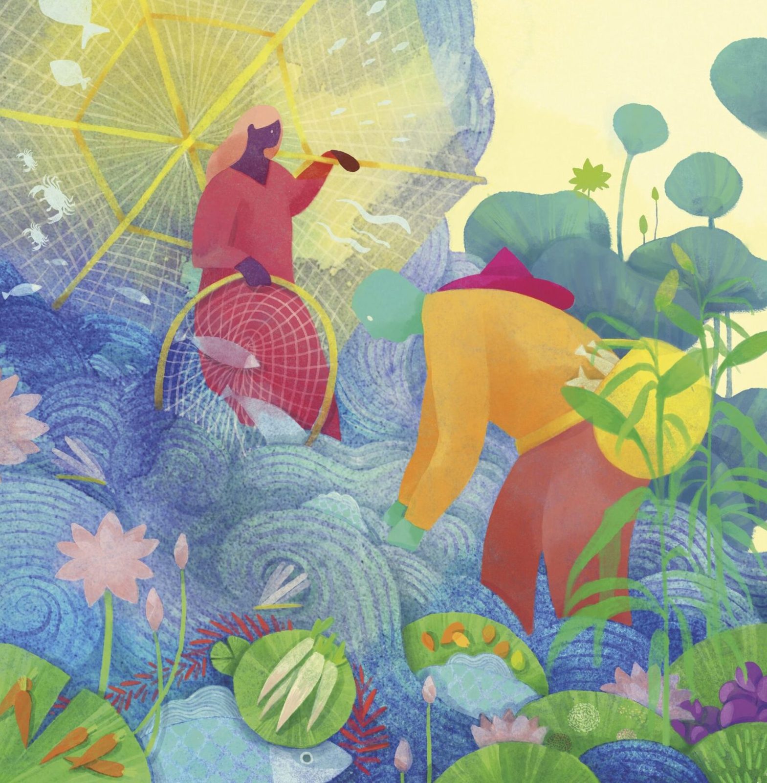 Watercolour illustration: a woman carries a large fishing net over a river full of fish, lotus and vegetables, while a farmer bends to harvest beside her.